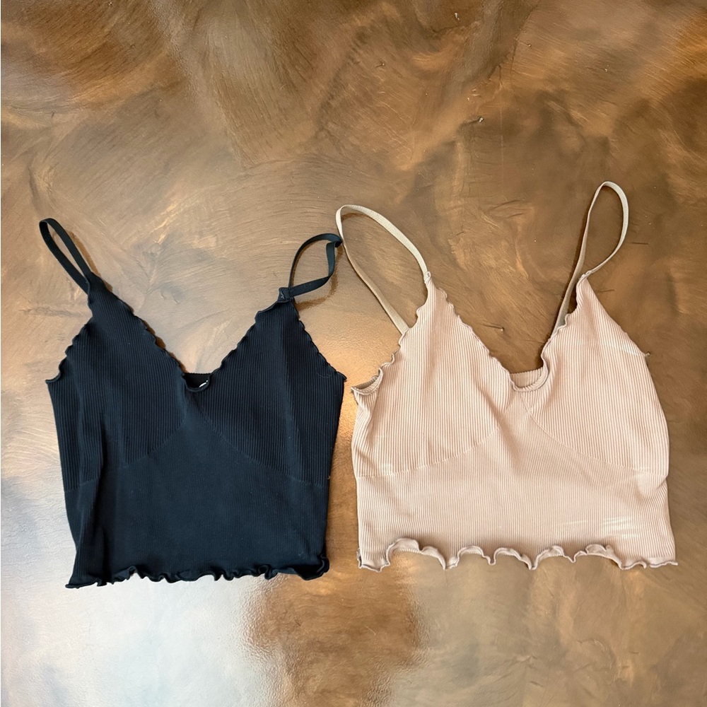 Sunzel Tank Top for Women, V Neck Seamless Ribbed Crop Camisole with Ruffles M/L